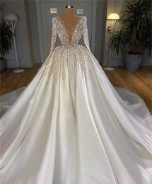 Luxurious Deep V Neck Wedding Dresses Beaded Sequined Bridal Gowns Long Sleeves Sweep Train Princess Bridal Dress Custom Made