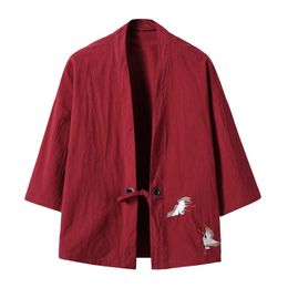 Men's Casual Shirts Arrival 2022 Men's Cotton Linen Blends Vintage Emboridery Cranes Open Front Cardigan Loose Breathable Short KimonoMe