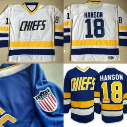 Mit #18 Jeff Hanson Charlestown Jersey Mens Hanson Brother Slap Shot 100% Stitched Embroidery Movie Hockey Jerseys Blue White