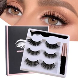 3 Pairs Magnetic Eyelashes 3D Mink Makeup Lashes Eyeliner Tweezers Set Natural False Short Faux Cils 220524