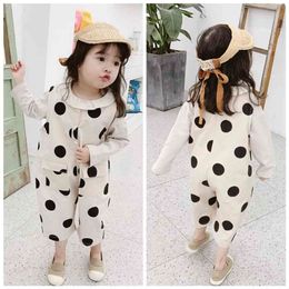 Spring Korean style baby girls dot printed overalls kids loose all-match suspender trousers children pants 210708