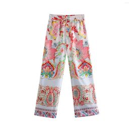 Women's Pants 2023 Women Fashion Side Pockets Printed Straight Vintage High Elastic Waist With Drawstring Female Trousers Mujer