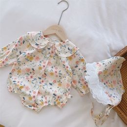 Infant Baby Girls Autumn Full Sleeve Flower Peter Pan Collar Bodysuits Flower born Jumpsuits Toddler Clothes Gift Hat 3M3Y 220707