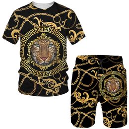Summer Golden Lion Printed T shirt Shorts Suit Men s Casual Graphic O neck Tops Pants Set Male Hip Hop Short Sleeved Tracksuit 220621