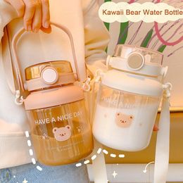 Water Bottles 1000/1300ml Kawaii Bear Bottle Plastic Cute Jug Juice Milk Bubble Tea Portable Gym Drink With Straw BPA Free