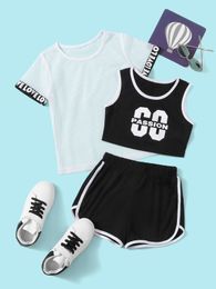 Girls Letter Graphic Contrast Binding Tank Top & Letter Tape Fishnet Top & Track Shorts SHE