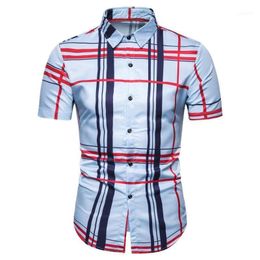 Plaid Men's Dress Shirts Blouse Men Striped Beach Style Social Shirt Mens Clothing Short Sleeve Slim Fit Summer Casual
