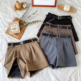 High Waist Thin Women's Office Shorts Wide Legged A-Line Suit Shorts Female Korean Style Casual Short Pants with Belt 220419