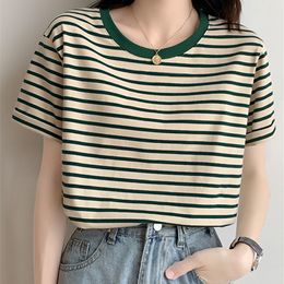 Yitimoky Striped T Shirt for Women Summer Cotton O-neck Short Sleeve Vintage Korean Fashion Ladies Tops Chic Basic Tshirt W220409