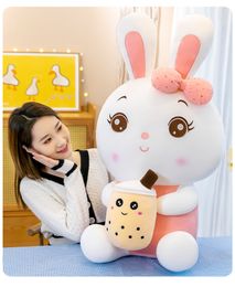 40cm Cute Plush Dolls Toys Easter Legged Bunny With Milk tea Cup Stuffed Plush Animals Soft Pink Lying Noble Doll Pillow Cushion Gift Open Surprise www