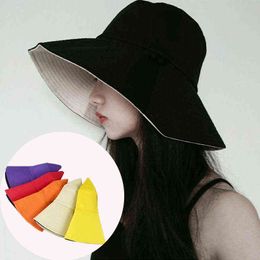 Hip Hop Double-side Fisherman Hat Outdoor Solid Multiple Colour Cap For Women Summer Big Fold Beach Travel Bucket Hat 2021 Trend G220418