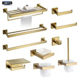 Gold Brushed Bathroom Accessories Hardware Bar Rail Paper Holder Towel Rack Hook Soap Dish Toilet Brush 220812