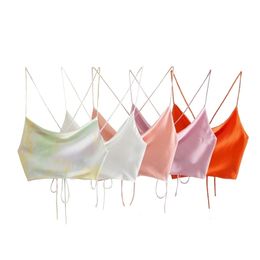 TRAF Top Women Satin Woman Orange Summer Crop Female Backless Pink White Straps Sleeveless Sexy Tanks Camis 220514