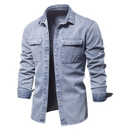 AIOPESON 100% Cotton Denim Shirts Men Casual Solid Color Thick Long Sleeve for Spring High Quality Jeans Male 220323
