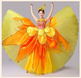 open ceremonies Canada - Stage Wear Yellow&orange Sequined Flower Petals Carnival Dance Dress stage Performance open Ceremony long Dress With Hair Decoration