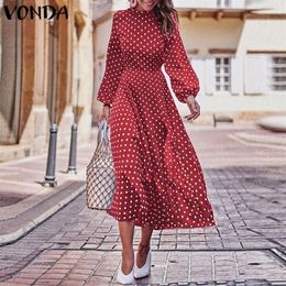 VONDA Party Dresses Autumn Women Long Sleeve Vintage Polka Dot ONeck Dress Casual Bohemian Midi Dress Plus Size Sundress T200416
