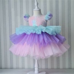 Girls Rainbow Tulle Dresses Kids Wedding Tutu Layers Cake Princess Elegant Party Prom Dress Children Communion Evening Clothes 220426