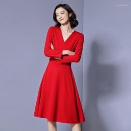 Casual Dresses 2022 Spring Dress For Women V Neck Long Sleeve Elegant A-Line Female Medium Style Solid Color Red Blue Slim
