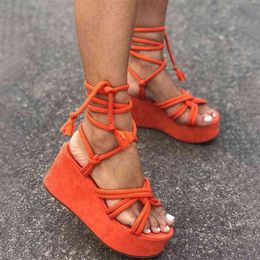 Women' s Wedges Sandals Cross Tie Fashion Platform Solid Gladiator Ladies Pumps Rome Vintage Casual Female Shoes 2022 New Y220421