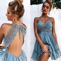 Hot Summer Women Sexy Dresses Back Lacing Straps Backless Dress Beach Clothing Female 210322