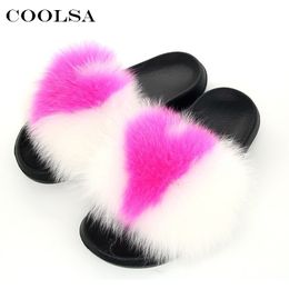 Coolsa Women Fur Slippers Heartshaped Mixed Colours Fluffy Real Fur Slides Female Sandals With Fur Home Cute Plush Shoes Y200106