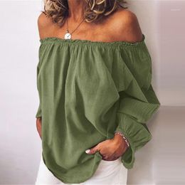 Women's Blouses & Shirts 2022 Autumn Lantern Long Sleeve Blouse Women Off Shoulder Elastic Waist Top Pullover Elegant Cotton Linen Baggy Blu