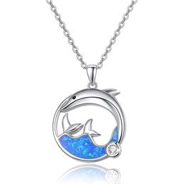 Pendant Necklaces Blue Opal Wave Whale Tail Necklace Female Dainty Dolphin Classic Silver Colour Chain For Women JewelryPendant