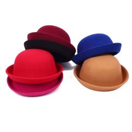 Kids Bowler Hats Girls Fedora Children Dress Hats Felt Wool Formal Caps Women Stingy Brim Cap Men Autumn Winter England Retro Small Hat Dome Billycock Dicer