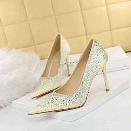2022 Women Shoes Plus Size 34-43 Korean Wedding Shoes High Heels Stiletto High Heels Pointed Toe Sexy Party Rhinestone Shoes G220516