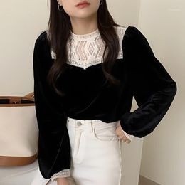 Women's Blouses & Shirts 2022 Korean Fashion Elegant O Neck Lace Crochet Stitching Hit Color Loose Long-sleeve Velvet Shirt Woman Tops Women