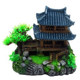 Resin Artificial Fish Tank Ancient Decoration rium Landscape Vintage House Chinese Style Hut Building Y200917