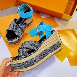 2022 Since Sandals Starboard Wedge Sandals Espadrilles Designer Leather Printing High Heels With Adjustable Buckle Wedding Dress Lady Shoes With Box NO376
