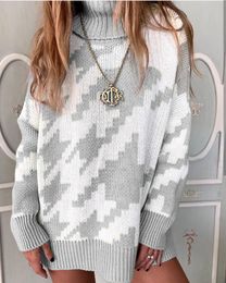 Women's Sweaters Winter Cotton Women Turtleneck Casual Knitted Houndstooth Pullover Sweater Long Sleeve Oversized Loose Jumpers Tops 5 Color