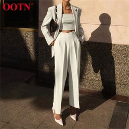 OOTN Beige Office Pants Trousers Women Autumn High Waist Pants Ladies Pleated Pockets Elegant AnkleLength Pants Fashion 201012