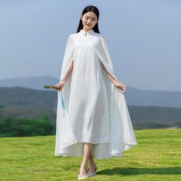 Ethnic Clothing Summer Long Cheongsam Vintage Chinese Style Retro Hanfu White Light Blue Shawl And Dress 2 Pieces Set Modern 12027