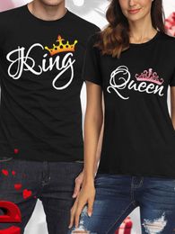 King Queen Crown Print Couple T Shirt Lovers Short Sleeve O Neck Loose Fashion Woman Man Tee Clothes