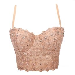 Atoshare Glitter Top with Straps Lace Corset Bustier Bra Women Summer Tank Pink Crop Party Club Clothing 220325