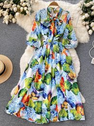 Casual Dresses Banulin Summer Women Bohemian Chiffon Flowy Dress 2022 Runway Bow Neck 3/4 Lantern Sleeve Floral Print Holiday Party N1853Cas