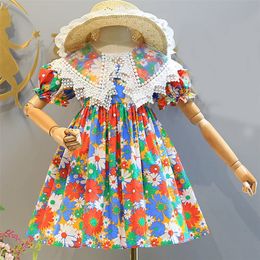 Girls Dress No Hat European American Style Summer ChildrenS Clothing Girls Baby Kids Princess Party Lace Lapel Floral Dress 220707