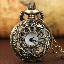 Bronze Watches Hollow Out Case Men Women Quartz Analogue Pocket Watch with Sweater Chain Arabic Number Display Clock