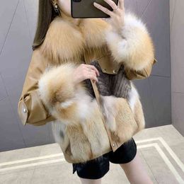 Trend Imitation Mink Fur Coat Women Winter New Fashion Sheepskin Stitching Leather Coat Fur Collar Thick Warm Outer Wear LR2236 T220810