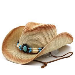 Men Women Straw Cowboy Hat With Turquoise Wide Brim Panama Beach Summer Hat Vintage Decoration Fedora Caps