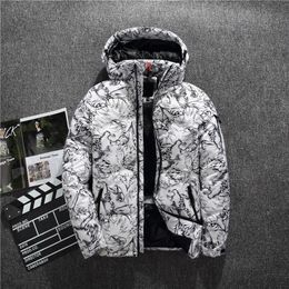 Mens Casual Down Jacket Winter Boutique White Duck Down Thick Warm Fashion Print Mens Slim Hooded White Black Down Coat 201127