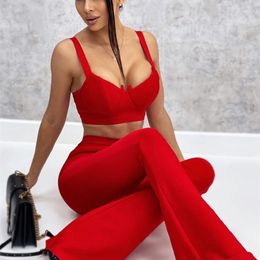 Women's Bandage Set 2 Pieces Strap Sleeveless Bustiers And Long Bell-Bottoms Trousers Sexy Celebrity Party Sheath Vestidos 220421