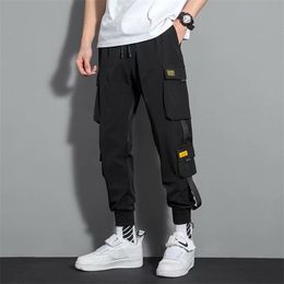 Ribbons Black Men's Cargo Pants Side Pockets Casual Streetwear Pant Male Hip Hop Joggers Trousers Men Man 220325