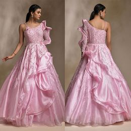 Unique Design Evening Dresses One Shoulder Applique Sweep Train Prom Dress Girls Pageant Wear