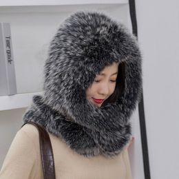 Real Fox Fur Scarf Hat One Pieces Women Winter Warm Cap Fluffy Soft White Black