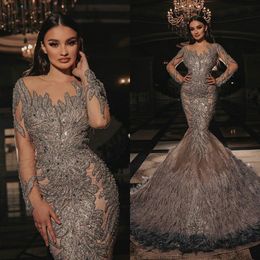 Mermaid Customise Evening Dress See Thru Lace Sequined Women's Prom Gowns Feathers Train Elegant Formal Party Dresses Es