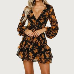 Casual Dresses Women's V-Neck Long Sleeve Chiffon Dress Summer Sexy Lace Up Bouquet Print Beach Mini Swing DressCasual