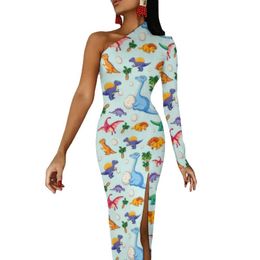 one shoulder slit dress Canada - Casual Dresses Colorful Cute Dinosaurs Bodycon Dress Cartoon Dinos Jungle Sexy High Slit Long Women One Shoulder Print Aesthetic DressCasual